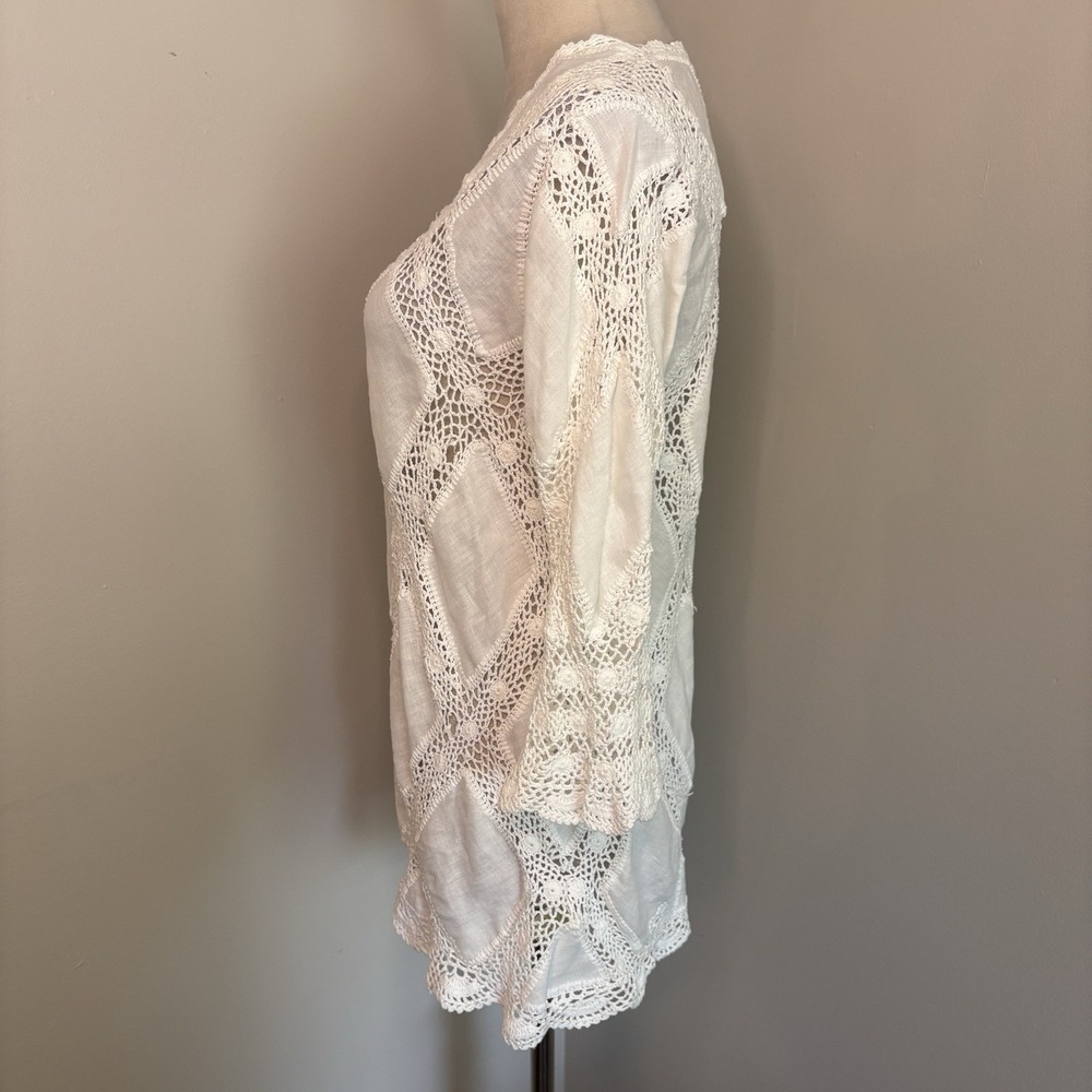 Sigrid Olsen VTG White Linen Crochet Tunic Top Lace Diamond Y2K Boho Sz Medium M - Picture 5 of 8
